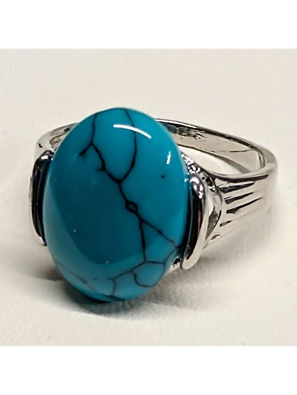 New Oval Faux Turquoise Cabochon Ring Plus Size 9 Silver Tone Blue Stone Marbled